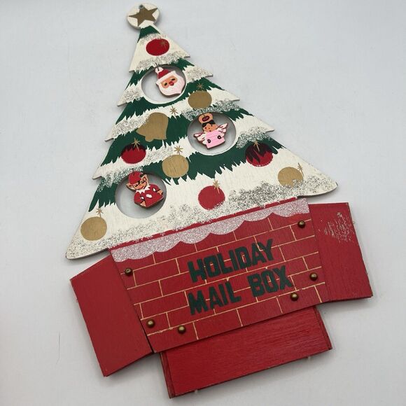 Vtg Wood Christmas Tree Card Holder Holiday Mail Box Kitsch Japan 14" Elf Santa - Picture 6 of 9